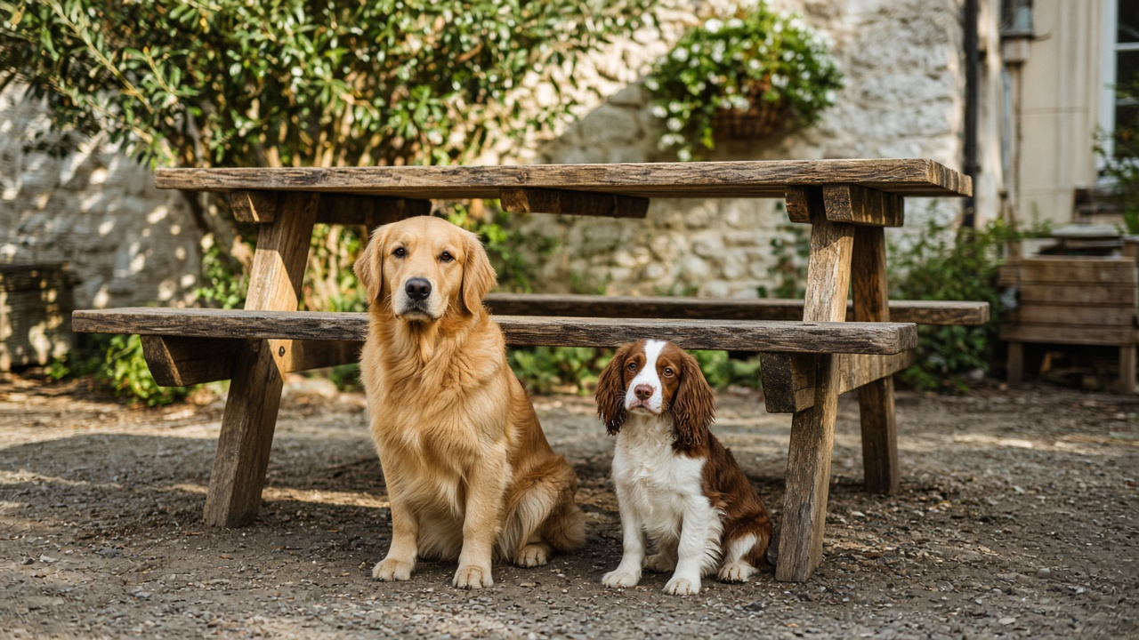 Two dogs sitting under a picnic bench in a country pub garden.